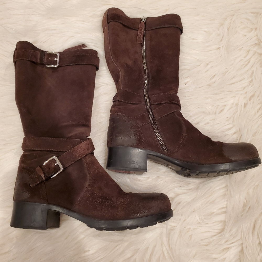 Prada Distressed Suede Mid-Calf Boots
